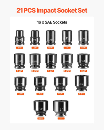 3/4 in Drive Impact Socket Set, 21 Pieces SAE 3/4 in to 2 in, 6 Point Cr-V Alloy Steel for Auto Repair, Easy-to-Read Size Markings, Includes Extension Bars, Ratchet Handle and Storage Case