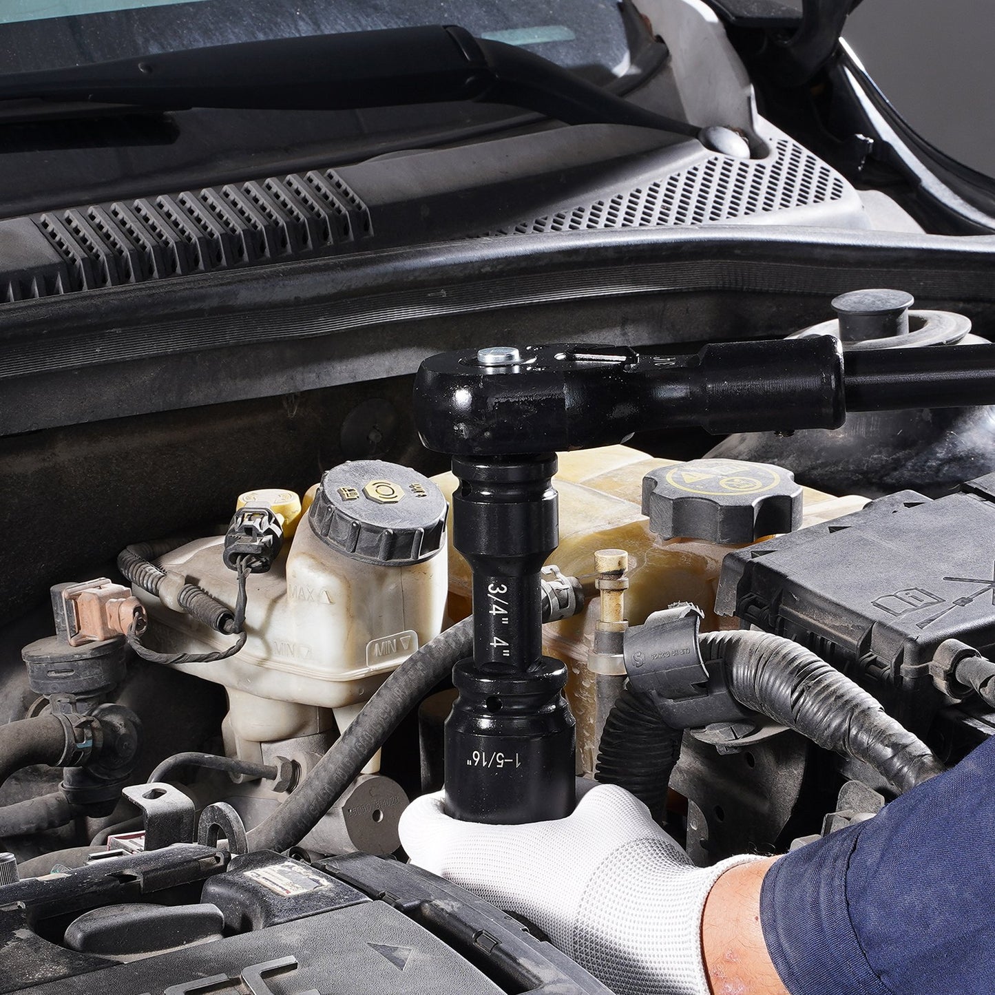 3/4 in Drive Impact Socket Set, 21 Pieces SAE 3/4 in to 2 in, 6 Point Cr-V Alloy Steel for Auto Repair, Easy-to-Read Size Markings, Includes Extension Bars, Ratchet Handle and Storage Case