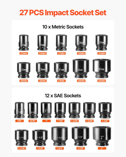 3/4 in Drive Impact Socket Set, 27 Pieces SAE 7/8 in to 2 in and Metric 22 mm to 50 mm, 6 Point Cr-V Alloy Steel for Auto Repair, Includes Extension Bars, Ratchet Handle and Storage Case