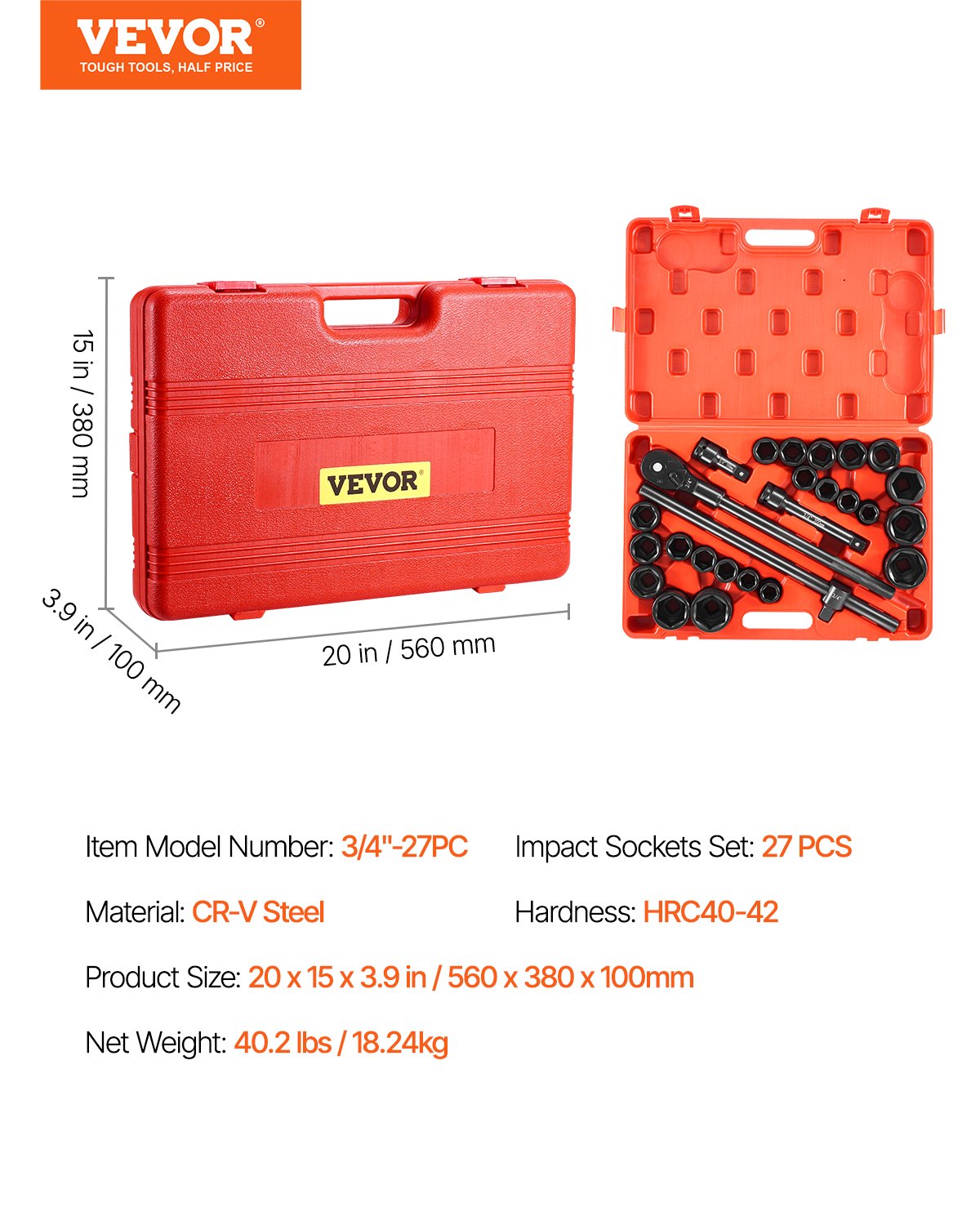 3/4 in Drive Impact Socket Set, 27 Pieces SAE 7/8 in to 2 in and Metric 22 mm to 50 mm, 6 Point Cr-V Alloy Steel for Auto Repair, Includes Extension Bars, Ratchet Handle and Storage Case