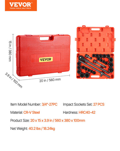 3/4 in Drive Impact Socket Set, 27 Pieces SAE 7/8 in to 2 in and Metric 22 mm to 50 mm, 6 Point Cr-V Alloy Steel for Auto Repair, Includes Extension Bars, Ratchet Handle and Storage Case