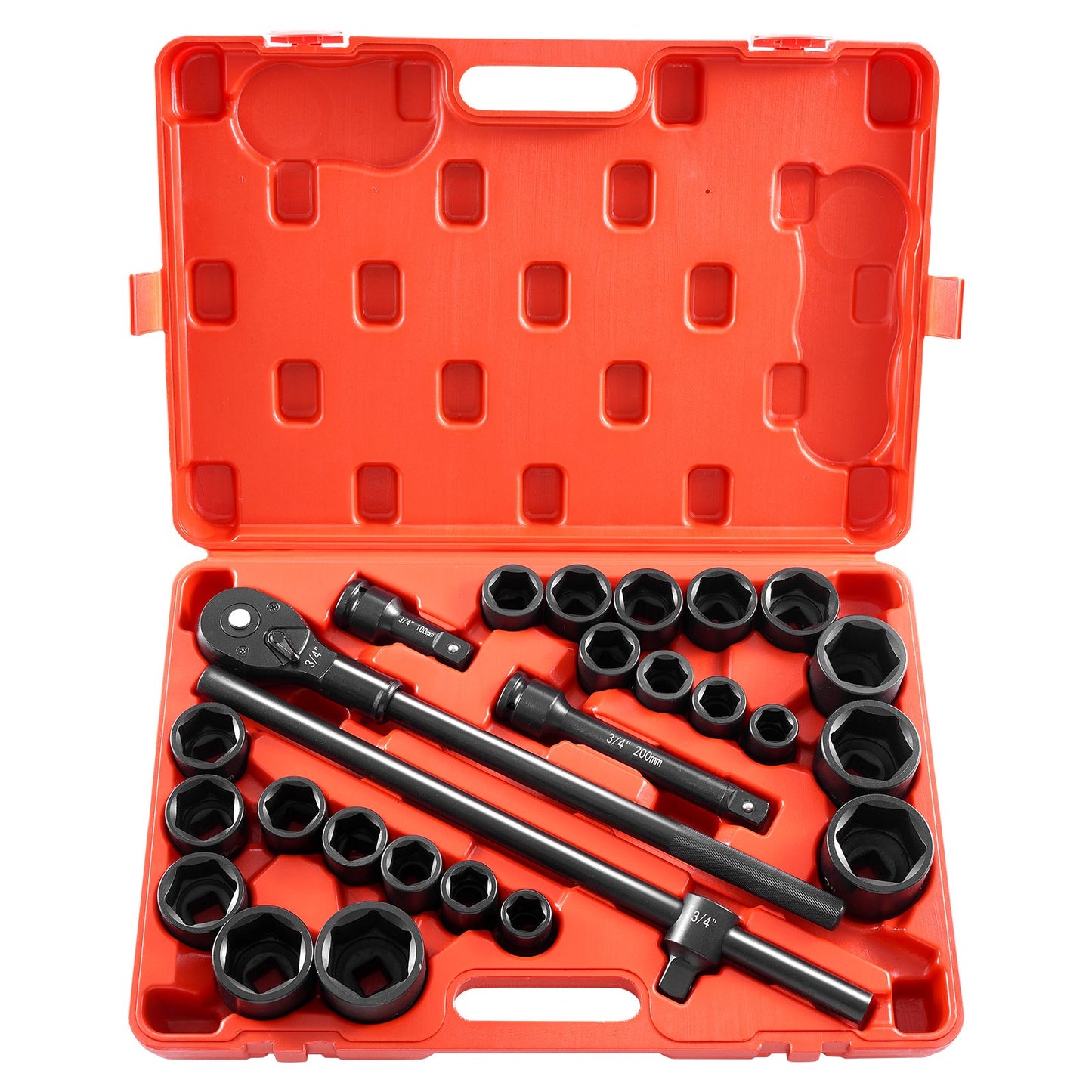 3/4 in Drive Impact Socket Set, 27 Pieces SAE 7/8 in to 2 in and Metric 22 mm to 50 mm, 6 Point Cr-V Alloy Steel for Auto Repair, Includes Extension Bars, Ratchet Handle and Storage Case