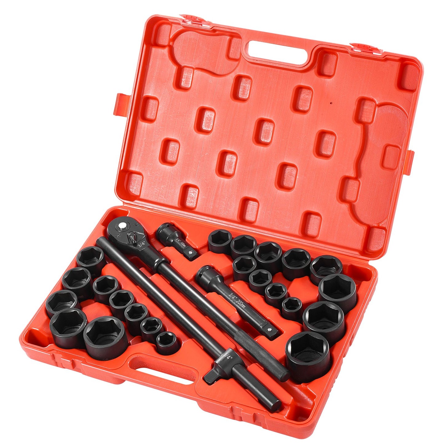 3/4 in Drive Impact Socket Set, 27 Pieces SAE 7/8 in to 2 in and Metric 22 mm to 50 mm, 6 Point Cr-V Alloy Steel for Auto Repair, Includes Extension Bars, Ratchet Handle and Storage Case