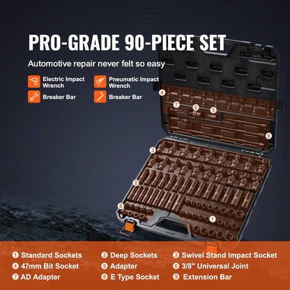 3/8" Drive Impact Socket Set, SAE 1/4"-3/4" and Metric 6-19mm 90 Piece Socket Set, 6 Point Cr-Mo Alloy Steel for Auto Repair, Includes Extension Bars Universal Joint Adapter Lock Storage Case