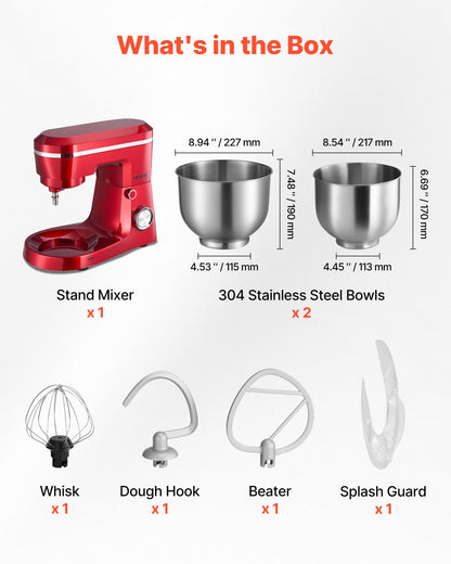 Stand Mixer, 4.4 QT+6 QT Electric Kitchen Mixer, 300W Dough-Mixer, 10 Speeds Tilt-head Food-Mixer with Stainless Steel Bowls, Dough Hook, Whisk, Beater, for Baking, Mixing, Whipping & Kneading