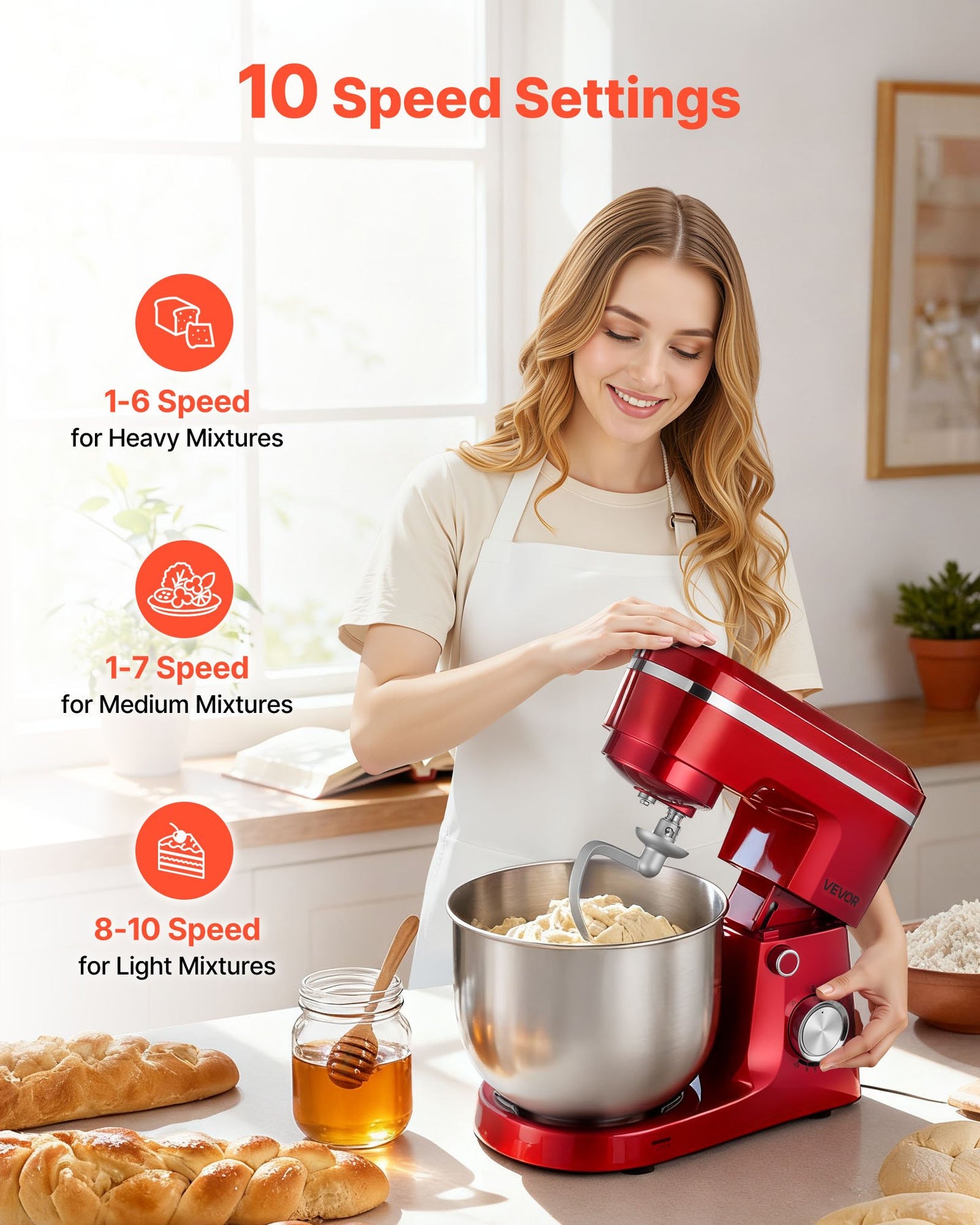 Stand Mixer, 4.4 QT+6 QT Electric Kitchen Mixer, 300W Dough-Mixer, 10 Speeds Tilt-head Food-Mixer with Stainless Steel Bowls, Dough Hook, Whisk, Beater, for Baking, Mixing, Whipping & Kneading