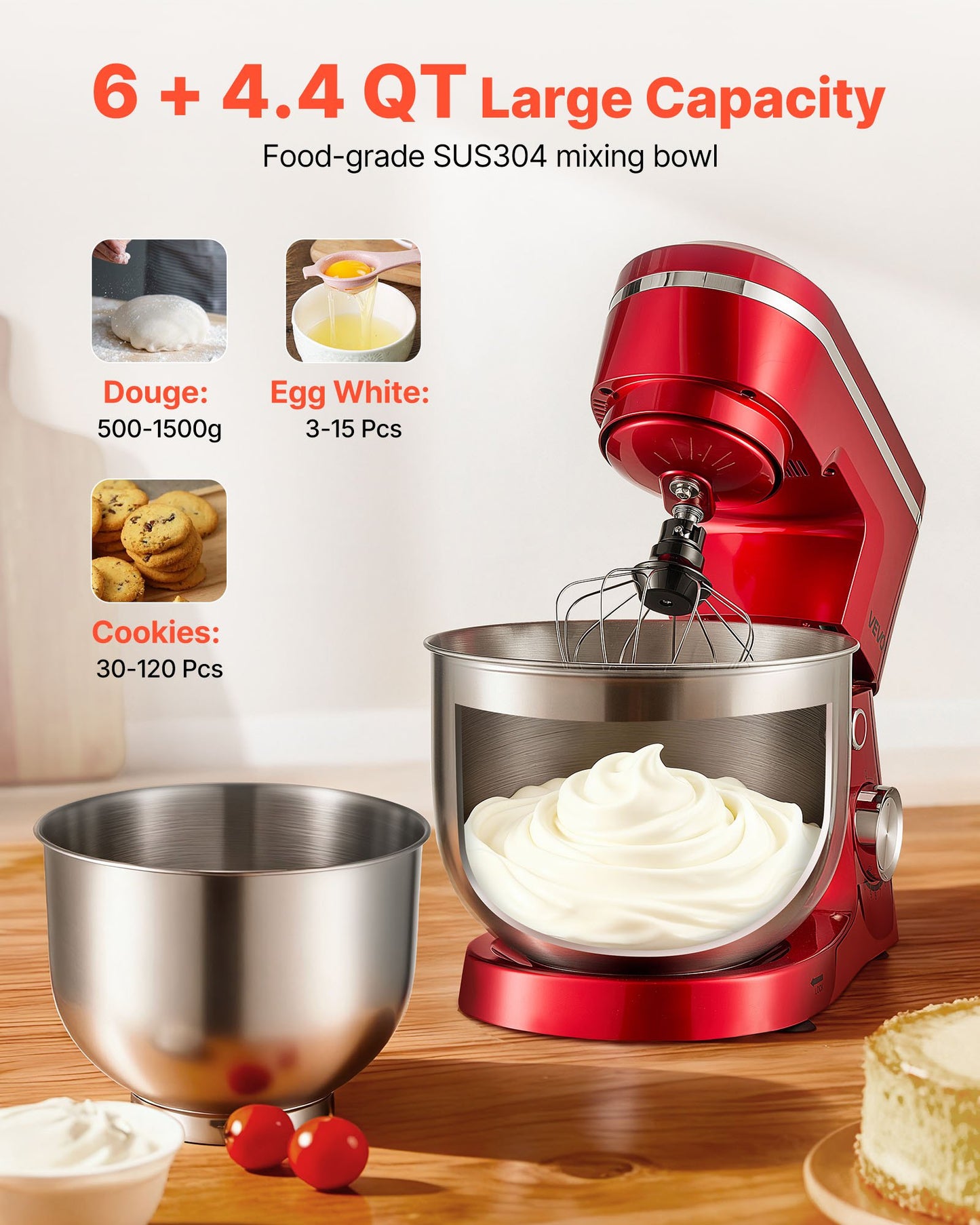 Stand Mixer, 4.4 QT+6 QT Electric Kitchen Mixer, 300W Dough-Mixer, 10 Speeds Tilt-head Food-Mixer with Stainless Steel Bowls, Dough Hook, Whisk, Beater, for Baking, Mixing, Whipping & Kneading