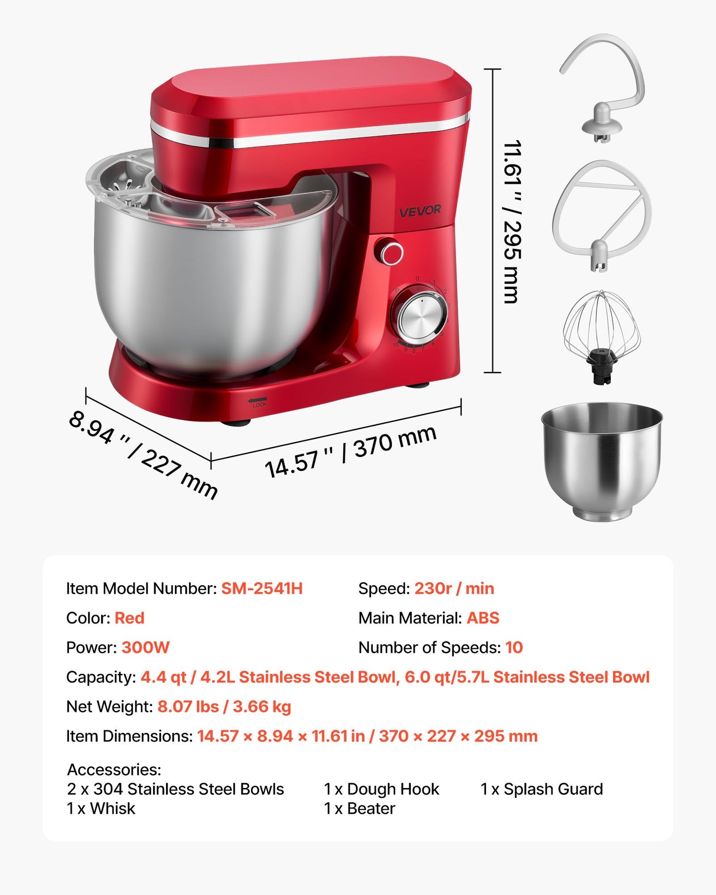 Stand Mixer, 4.4 QT+6 QT Electric Kitchen Mixer, 300W Dough-Mixer, 10 Speeds Tilt-head Food-Mixer with Stainless Steel Bowls, Dough Hook, Whisk, Beater, for Baking, Mixing, Whipping & Kneading