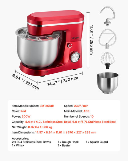 Stand Mixer, 4.4 QT+6 QT Electric Kitchen Mixer, 300W Dough-Mixer, 10 Speeds Tilt-head Food-Mixer with Stainless Steel Bowls, Dough Hook, Whisk, Beater, for Baking, Mixing, Whipping & Kneading