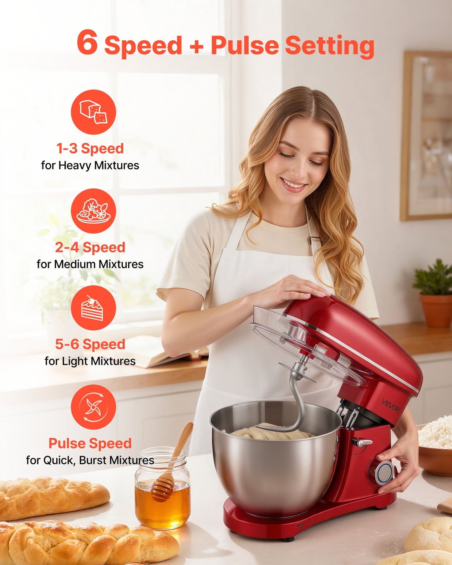 Stand Mixer, 8.2 QT Electric Kitchen Mixer, 660W Dough-Mixer, 6 + Pulse Speeds Tilt-head Food-Mixer with Stainless Steel Bowl, Dough Hook, Whisk, Beater, for Baking, Mixing, Whipping & Kneading