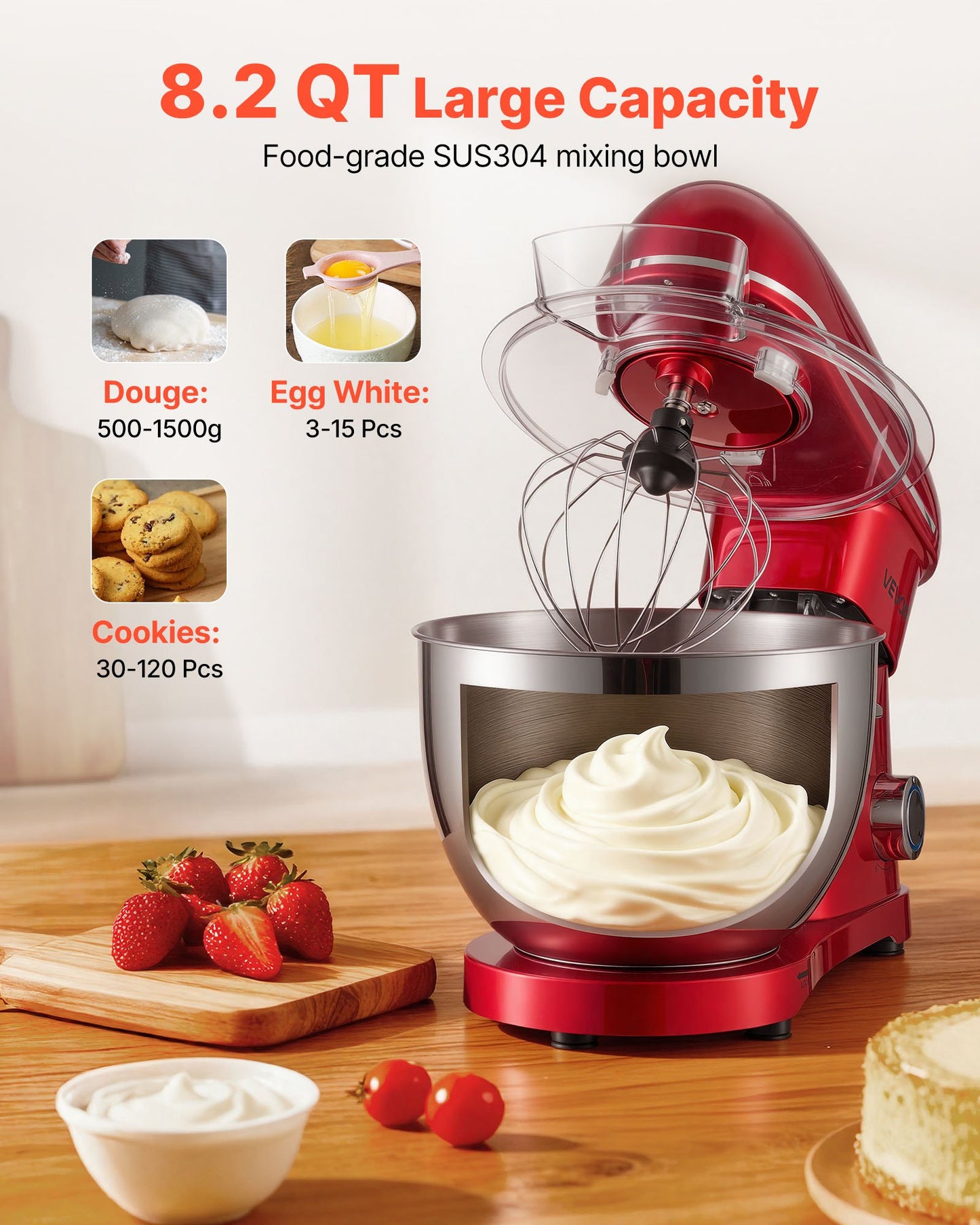Stand Mixer, 8.2 QT Electric Kitchen Mixer, 660W Dough-Mixer, 6 + Pulse Speeds Tilt-head Food-Mixer with Stainless Steel Bowl, Dough Hook, Whisk, Beater, for Baking, Mixing, Whipping & Kneading