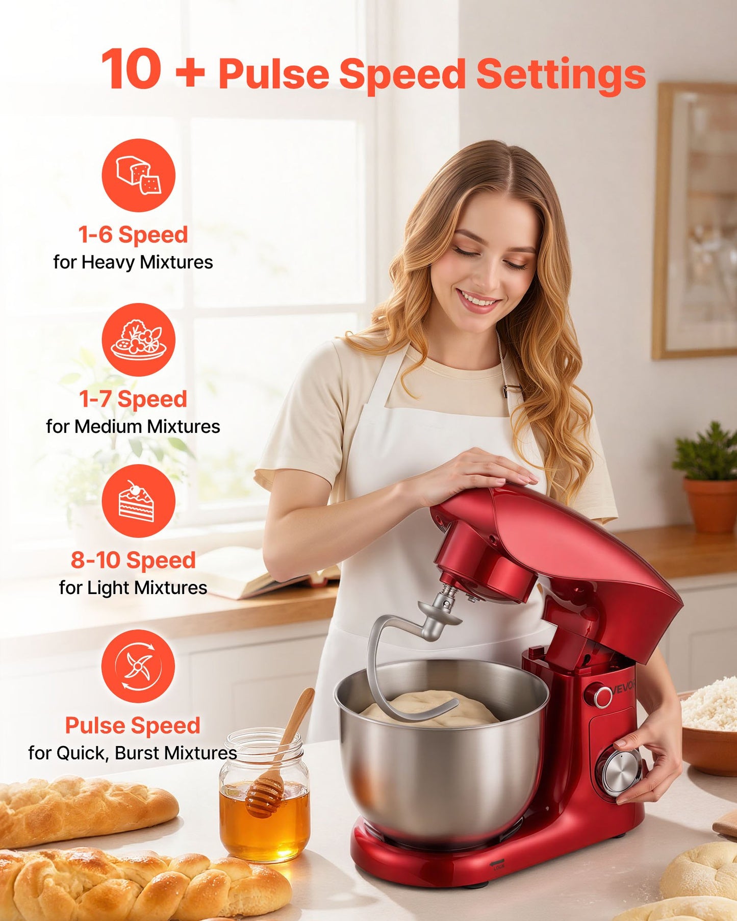 Stand Mixer, 4.4 QT Electric Kitchen Mixer, 300W Dough-Mixer, 10 + Pulse Speeds Tilt-head Food-Mixer with Stainless Steel Bowl, Dough Hook, Whisk, Beater, for Baking, Mixing, Whipping & Kneading