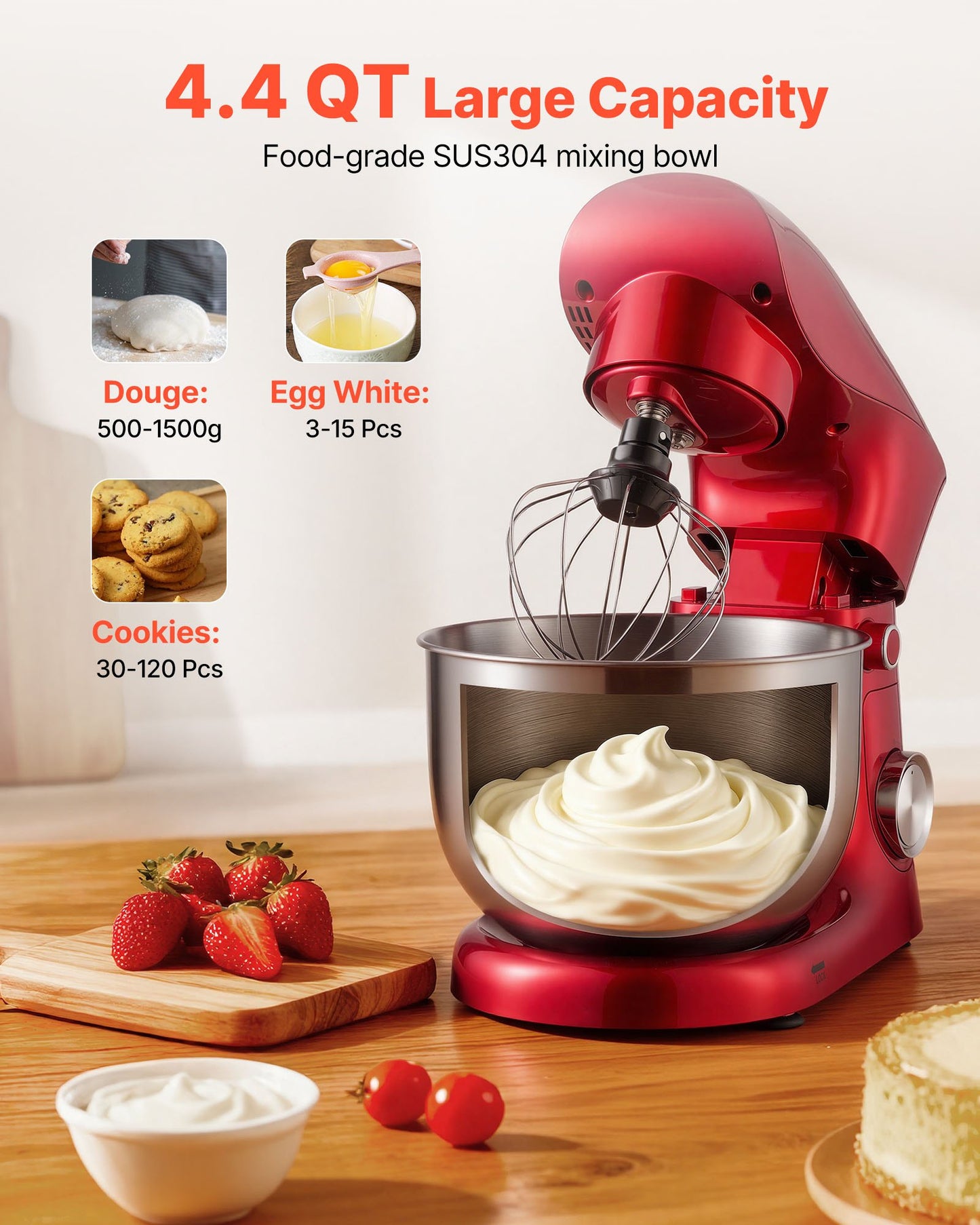 Stand Mixer, 4.4 QT Electric Kitchen Mixer, 300W Dough-Mixer, 10 + Pulse Speeds Tilt-head Food-Mixer with Stainless Steel Bowl, Dough Hook, Whisk, Beater, for Baking, Mixing, Whipping & Kneading