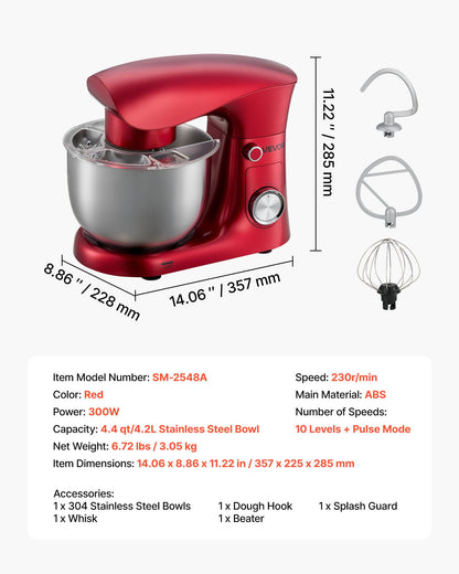 Stand Mixer, 4.4 QT Electric Kitchen Mixer, 300W Dough-Mixer, 10 + Pulse Speeds Tilt-head Food-Mixer with Stainless Steel Bowl, Dough Hook, Whisk, Beater, for Baking, Mixing, Whipping & Kneading