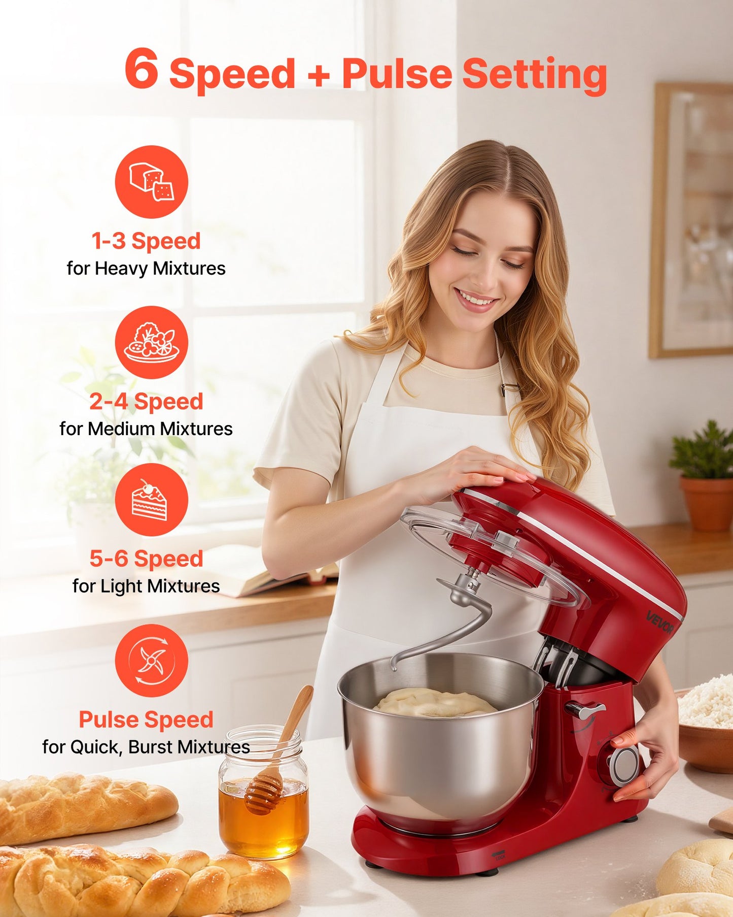 Stand Mixer, 6 QT Electric Kitchen Mixer, 660W Dough-Mixer, 6 + Pulse Speeds Tilt-head Food-Mixer with Stainless Steel Bowl, Dough Hook, Whisk, Beater, for Baking, Mixing, Whipping & Kneading
