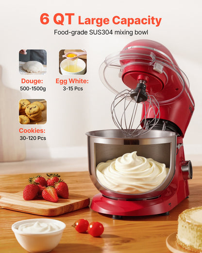 Stand Mixer, 6 QT Electric Kitchen Mixer, 660W Dough-Mixer, 6 + Pulse Speeds Tilt-head Food-Mixer with Stainless Steel Bowl, Dough Hook, Whisk, Beater, for Baking, Mixing, Whipping & Kneading