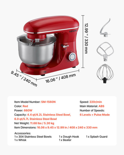 Stand Mixer, 6 QT Electric Kitchen Mixer, 660W Dough-Mixer, 6 + Pulse Speeds Tilt-head Food-Mixer with Stainless Steel Bowl, Dough Hook, Whisk, Beater, for Baking, Mixing, Whipping & Kneading