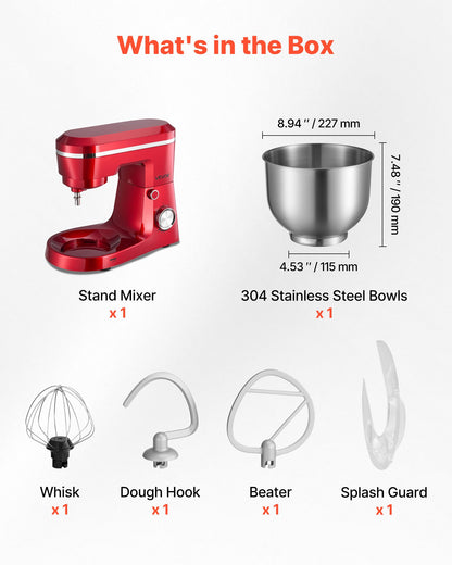 Stand Mixer, 6 QT Electric Kitchen Mixer, 300W Dough-Mixer, 10 Speeds Tilt-head Food-Mixer with Stainless Steel Bowl, Dough Hook, Whisk, Beater, for Baking, Mixing, Whipping & Kneading, Red
