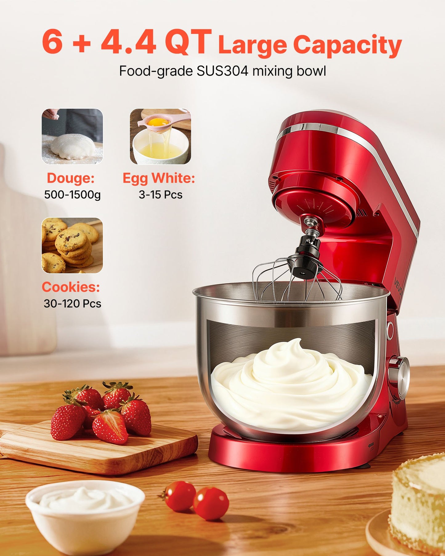 Stand Mixer, 6 QT Electric Kitchen Mixer, 300W Dough-Mixer, 10 Speeds Tilt-head Food-Mixer with Stainless Steel Bowl, Dough Hook, Whisk, Beater, for Baking, Mixing, Whipping & Kneading, Red