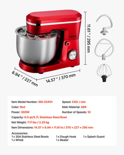 Stand Mixer, 6 QT Electric Kitchen Mixer, 300W Dough-Mixer, 10 Speeds Tilt-head Food-Mixer with Stainless Steel Bowl, Dough Hook, Whisk, Beater, for Baking, Mixing, Whipping & Kneading, Red