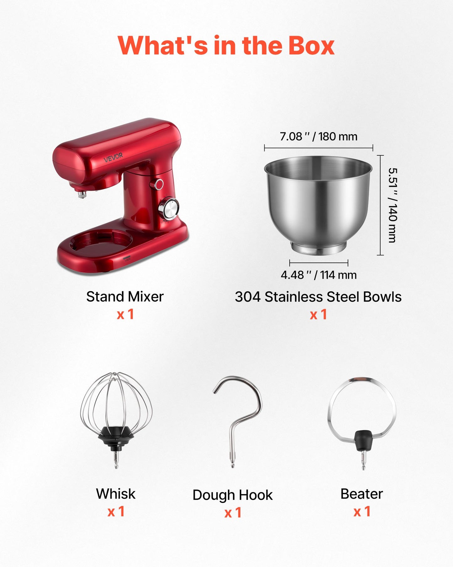 Stand Mixer, 3 QT Electric Kitchen Mixer, 300W Dough-Mixer, 10 Speeds Tilt-head Food-Mixer with Stainless Steel Bowl, Dough Hook, Whisk, Beater, for Baking, Mixing, Whipping & Kneading, Red