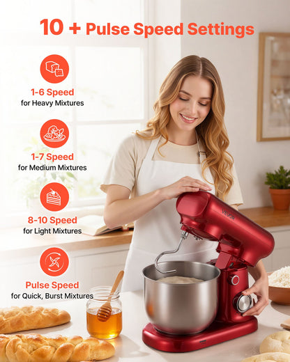 Stand Mixer, 3 QT Electric Kitchen Mixer, 300W Dough-Mixer, 10 Speeds Tilt-head Food-Mixer with Stainless Steel Bowl, Dough Hook, Whisk, Beater, for Baking, Mixing, Whipping & Kneading, Red