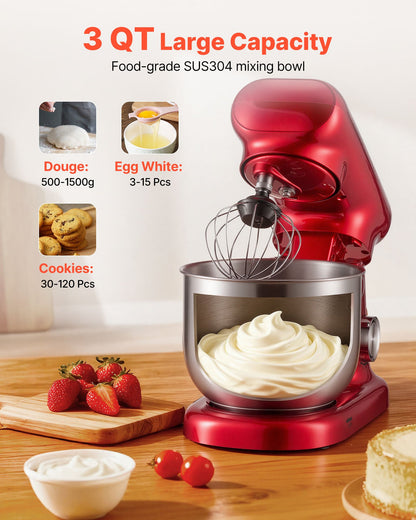 Stand Mixer, 3 QT Electric Kitchen Mixer, 300W Dough-Mixer, 10 Speeds Tilt-head Food-Mixer with Stainless Steel Bowl, Dough Hook, Whisk, Beater, for Baking, Mixing, Whipping & Kneading, Red