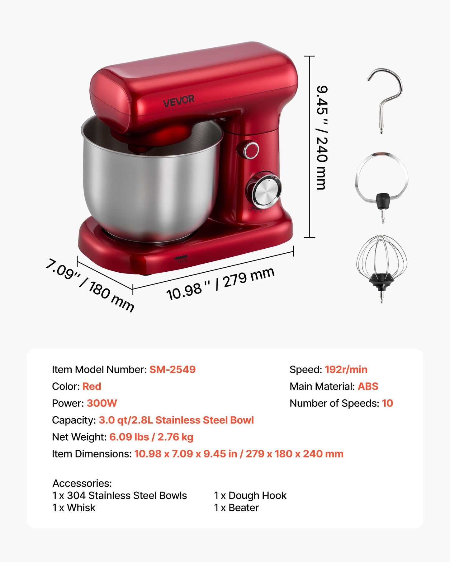 Stand Mixer, 3 QT Electric Kitchen Mixer, 300W Dough-Mixer, 10 Speeds Tilt-head Food-Mixer with Stainless Steel Bowl, Dough Hook, Whisk, Beater, for Baking, Mixing, Whipping & Kneading, Red