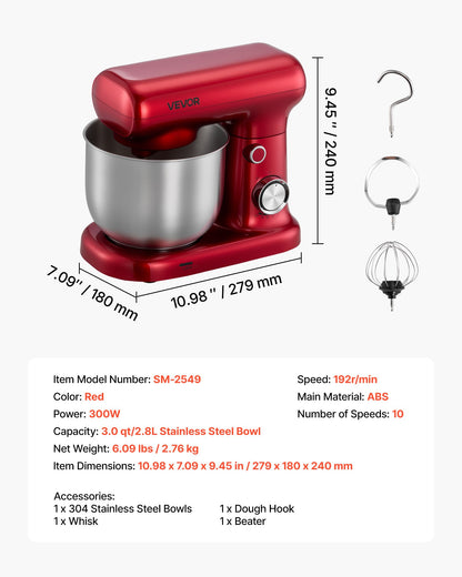 Stand Mixer, 3 QT Electric Kitchen Mixer, 300W Dough-Mixer, 10 Speeds Tilt-head Food-Mixer with Stainless Steel Bowl, Dough Hook, Whisk, Beater, for Baking, Mixing, Whipping & Kneading, Red