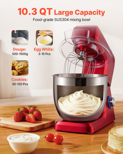 Stand Mixer, 10.3 QT Electric Kitchen Mixer, 660W Dough-Mixer, 6 + Pulse Speeds Tilt-head Food-Mixer with Stainless Steel Bowl, Dough Hook, Whisk, Beater, for Baking, Mixing, Whipping & Kneading