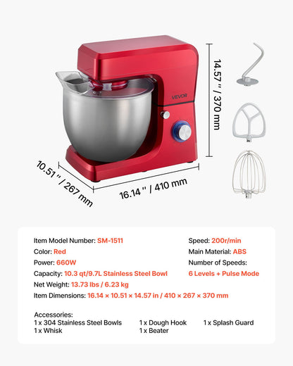 Stand Mixer, 10.3 QT Electric Kitchen Mixer, 660W Dough-Mixer, 6 + Pulse Speeds Tilt-head Food-Mixer with Stainless Steel Bowl, Dough Hook, Whisk, Beater, for Baking, Mixing, Whipping & Kneading