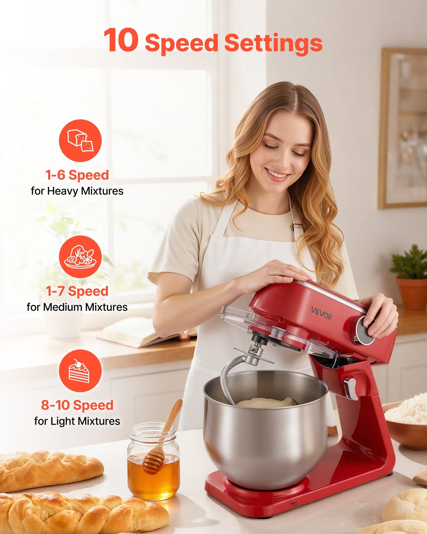 Stand Mixer, 7.8 QT Electric Kitchen Mixer, 800W Dough-Mixer, 10 Speeds Tilt-head Food-Mixer with Stainless Steel Bowl, Dough Hook, Whisk, Beater, for Baking, Mixing, Whipping & Kneading, Red