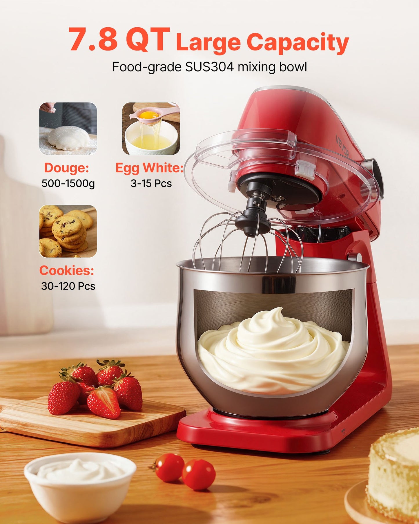 Stand Mixer, 7.8 QT Electric Kitchen Mixer, 800W Dough-Mixer, 10 Speeds Tilt-head Food-Mixer with Stainless Steel Bowl, Dough Hook, Whisk, Beater, for Baking, Mixing, Whipping & Kneading, Red