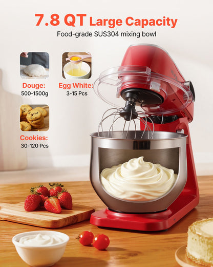 Stand Mixer, 7.8 QT Electric Kitchen Mixer, 800W Dough-Mixer, 10 Speeds Tilt-head Food-Mixer with Stainless Steel Bowl, Dough Hook, Whisk, Beater, for Baking, Mixing, Whipping & Kneading, Red