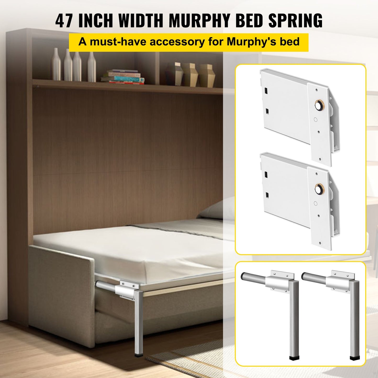 Murphy Montering Väggfjädrar Mekanism Heavy Duty Support Hardware DIY Kit för Queen Twin Size Bed (horisontell), Vit