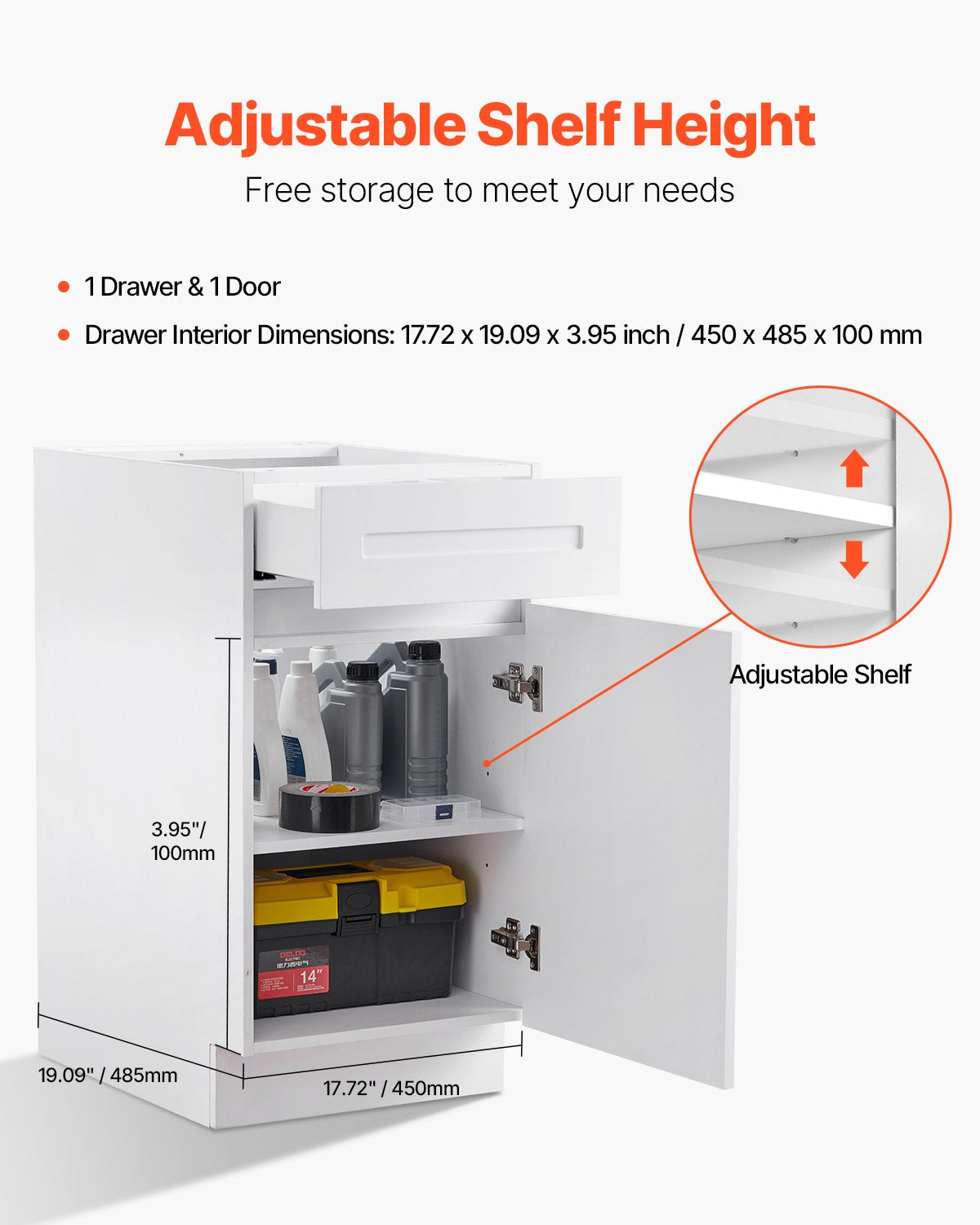 White Shaker Base Cabinet with Drawer, 18-Inch Unassembled Drawer Base Cabinet, 18" W x 24" D x 34.5" H Ready to Assemble Cabinet with Soft-Close Door and Adjustable Shelf, for Home Office