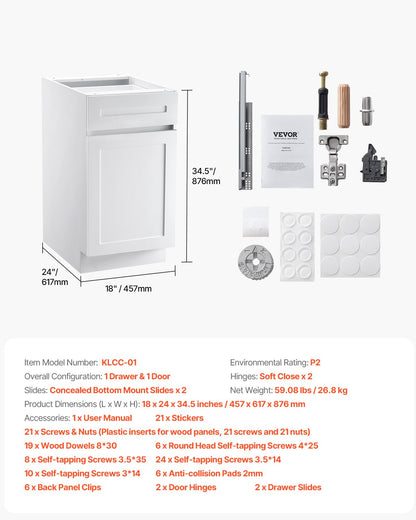 White Shaker Base Cabinet with Drawer, 18-Inch Unassembled Drawer Base Cabinet, 18" W x 24" D x 34.5" H Ready to Assemble Cabinet with Soft-Close Door and Adjustable Shelf, for Home Office