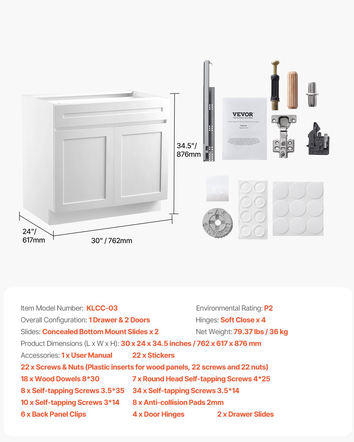 White Shaker Base Cabinet with Drawer, 30-Inch Unassembled Drawer Base Cabinet, 30" W x 24" D x 34.5" H Ready to Assemble Cabinet with Soft-Close Doors and Adjustable Shelf, for Home Office