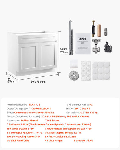 White Shaker Base Cabinet with Drawer, 30-Inch Unassembled Drawer Base Cabinet, 30" W x 24" D x 34.5" H Ready to Assemble Cabinet with Soft-Close Doors and Adjustable Shelf, for Home Office