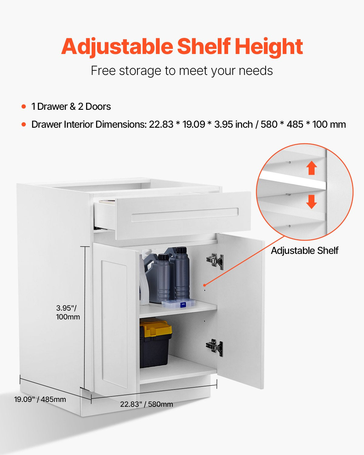 White Shaker Base Cabinet with Drawer, 24-Inch Unassembled Drawer Base Cabinet, 24" W x 24" D x 34.5" H Ready to Assemble Cabinet with Soft-Close Doors and Adjustable Shelf, for Home Office