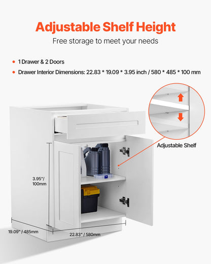 White Shaker Base Cabinet with Drawer, 24-Inch Unassembled Drawer Base Cabinet, 24" W x 24" D x 34.5" H Ready to Assemble Cabinet with Soft-Close Doors and Adjustable Shelf, for Home Office