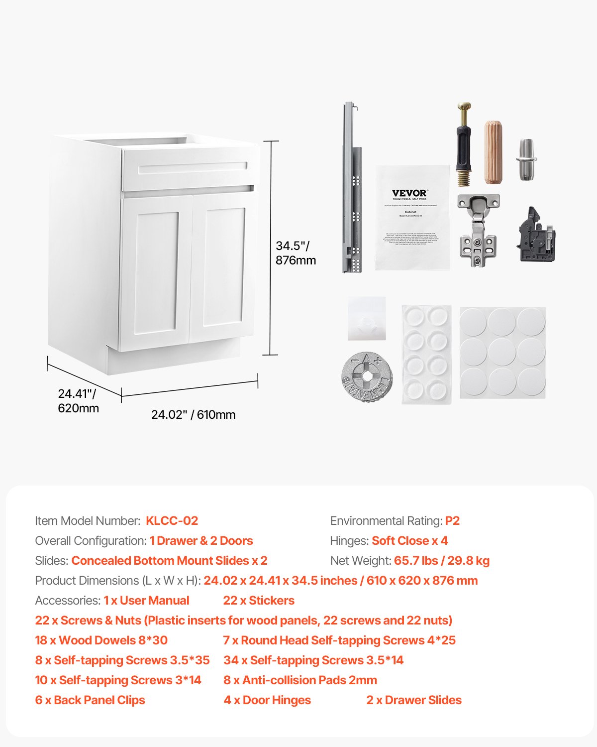 White Shaker Base Cabinet with Drawer, 24-Inch Unassembled Drawer Base Cabinet, 24" W x 24" D x 34.5" H Ready to Assemble Cabinet with Soft-Close Doors and Adjustable Shelf, for Home Office