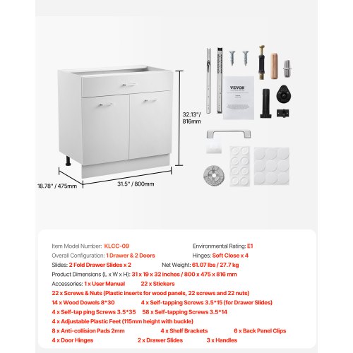 Shaker Unterschrank 86 cm B x 43 cm T x 81 cm H Montagefertig mit Schublade | EU