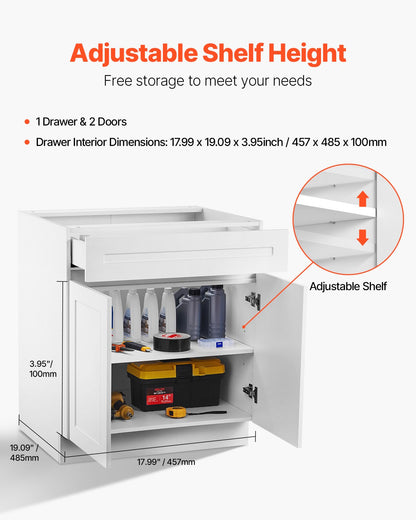 White Shaker Base Cabinet with Drawer, 36-Inch Unassembled Drawer Base Cabinet, 36" W x 24" D x 34.5" H Ready to Assemble Cabinet with Soft-Close Doors and Adjustable Shelf, for Home Office
