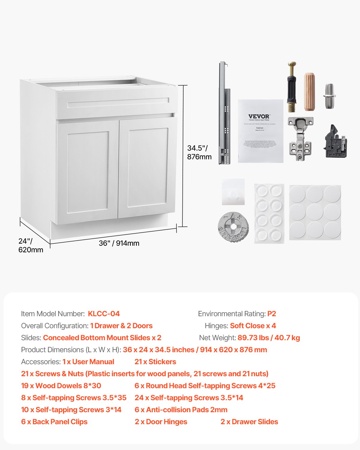 White Shaker Base Cabinet with Drawer, 36-Inch Unassembled Drawer Base Cabinet, 36" W x 24" D x 34.5" H Ready to Assemble Cabinet with Soft-Close Doors and Adjustable Shelf, for Home Office