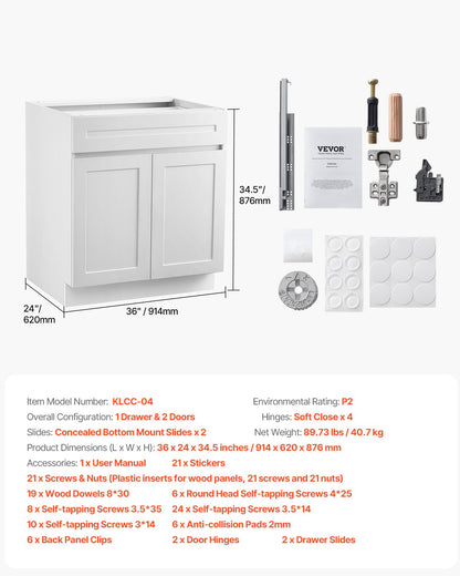 White Shaker Base Cabinet with Drawer, 36-Inch Unassembled Drawer Base Cabinet, 36" W x 24" D x 34.5" H Ready to Assemble Cabinet with Soft-Close Doors and Adjustable Shelf, for Home Office