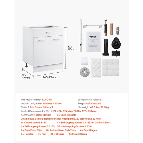 Shaker Unterschrank 61 cm B x 43 cm T x 81 cm H Montagefertig mit Schublade | EU