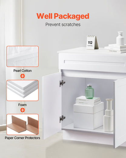 White Shaker Base Cabinet, 30-Inch Unassembled Sink Base Cabinet, 30" W x 24" D x 34.5" H Ready to Assemble Cabinet with Soft-Close Doors and Adjustable Shelf, for Home Office