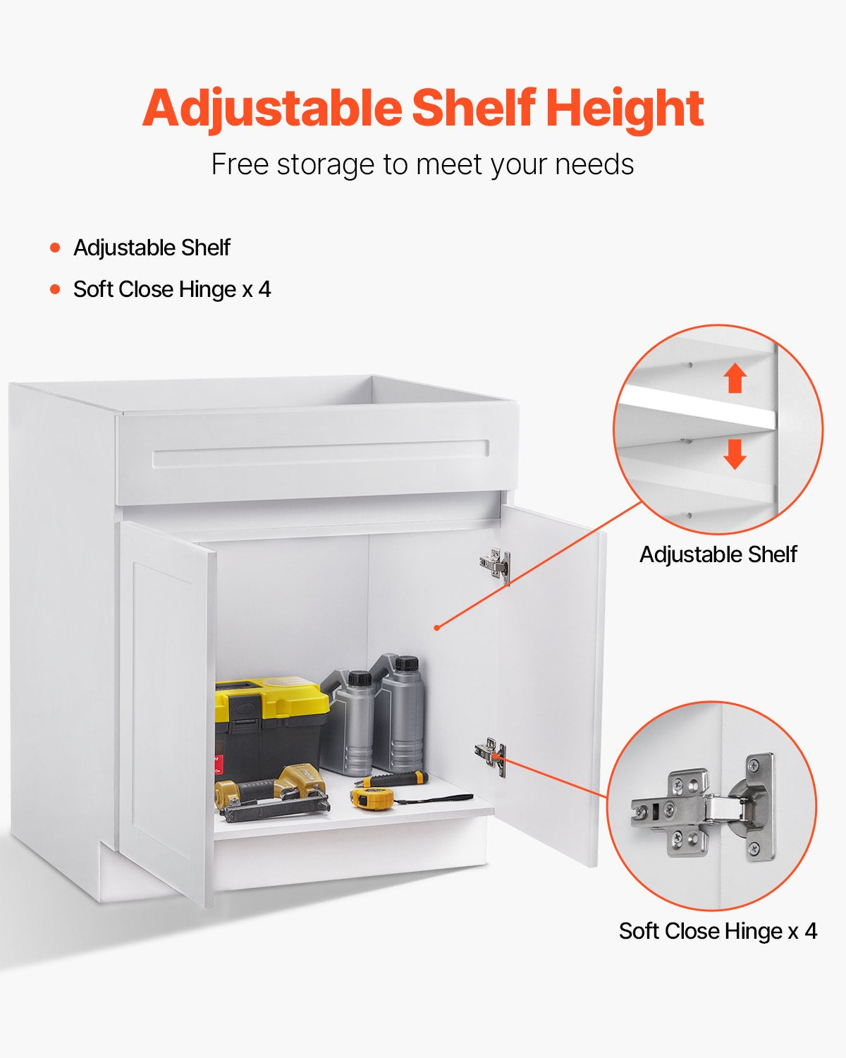 White Shaker Base Cabinet, 30-Inch Unassembled Sink Base Cabinet, 30" W x 24" D x 34.5" H Ready to Assemble Cabinet with Soft-Close Doors and Adjustable Shelf, for Home Office