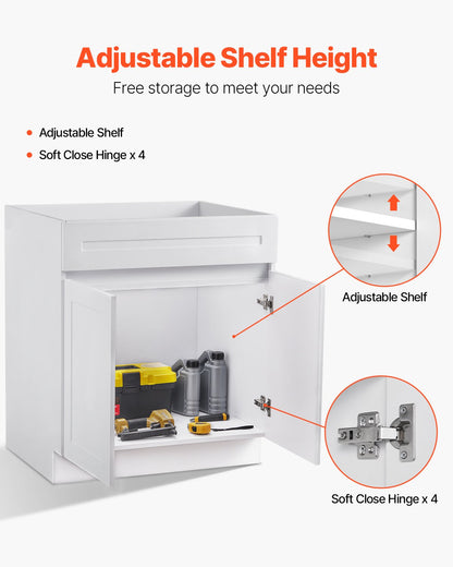 White Shaker Base Cabinet, 30-Inch Unassembled Sink Base Cabinet, 30" W x 24" D x 34.5" H Ready to Assemble Cabinet with Soft-Close Doors and Adjustable Shelf, for Home Office